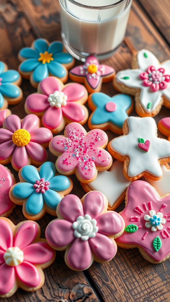 A variety of decorated cookies in different shapes and colors, with icing and sprinkles, displayed on a rustic table with milk.